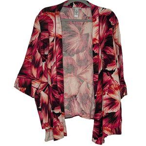 Catherines Women's Plus Size 2X Linen Blend Pink Floral Open Front Cardigan